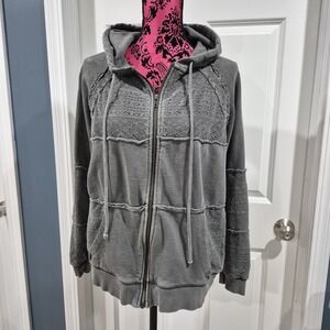 Lucky Brand Hoodie Womens Medium Gray Distressed‎ Full Zip Lace Boho Grunge